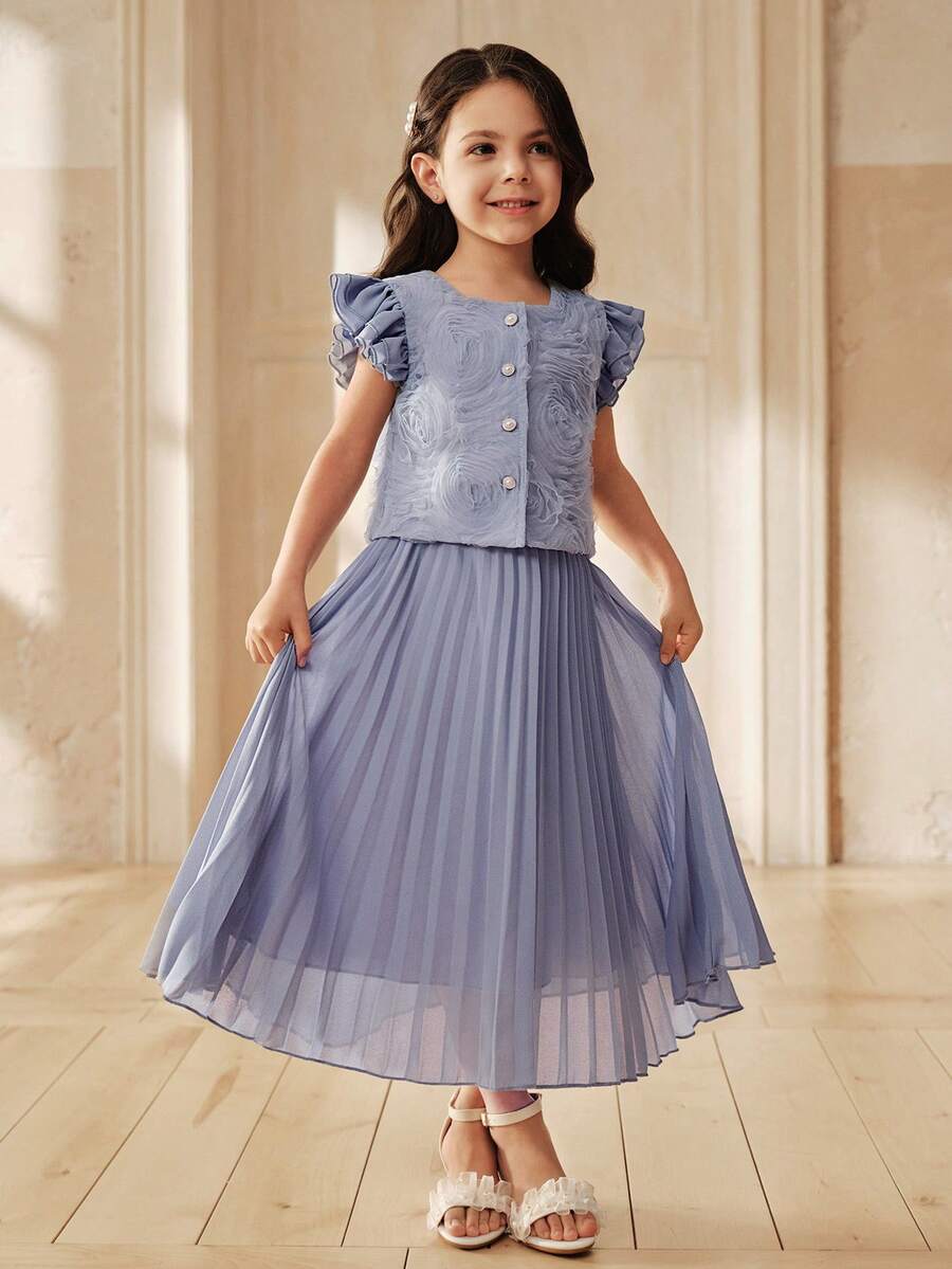 SHEIN Chân váy midi xếp ly họa tiết hoa 3D cho bé gái, thời trang và thanh lịch, thích hợp cho những buổi đi chơi hàng ngày và kỳ nghỉ. - Màu xanh lam - Xem 1
