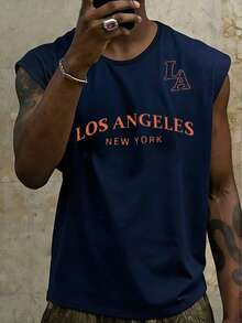 Manfinity Dauomo 男士字母印花圆领休闲百搭背心，夏季 - 藍色 - 查看 1