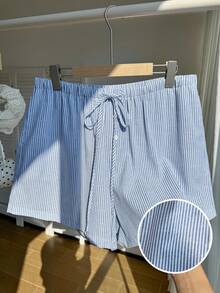 Comfortcana 大码女式腰带纽扣设计条纹休闲短裤 - 藍色 - 查看 12