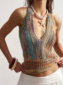 Bohemela Boho Spring/Summer Outerwear, Vintage Women's Tie-Neck Backless Colorful Sexy Patchwork Knit Sweater, Halter Knit Top, Versatile For Dates And Parties, Valentine For Women, Western Country Style Concert Party, Suitable For Beach Vacation & Daily Wear & Back To School & Going Out & Party, 2000s, Summer Holiday - Multicolor - View 3