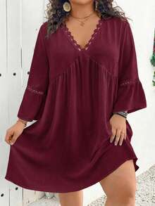 SHEIN CURVE+ Đầm linen trắng tay loe dáng bohemian cỡ lớn, thích hợp mặc đi nghỉ mát, phong cách Boho. - Màu Đỏ Sâu - Xem 5