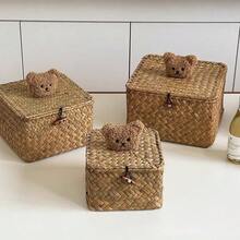 Joivida 1Pc/2Pcs Japanese Handwoven Seagrass Storage Basket With Lid, Home Desktop Cosmetic Sundry Organizer - Multicolor - View 10