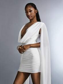 Amplova 女士纯色褶皱领长袖修身性感迷你连衣裙 - 白色 - 查看 6