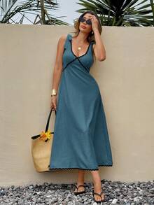 SHEIN Frenchy Đầm midi không tay phối màu dành cho nữ - Màu xanh lam - Xem 4