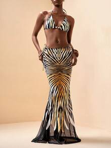 Zivah 2026春夏女士沙滩罩衫及半身裙套装，印花图案 - 黑色 - 查看 4