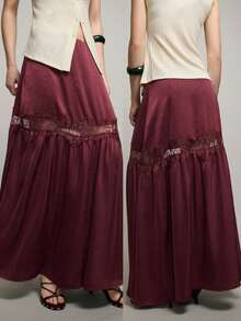 Nöista Elegant Women's Burgundy Maxi Skirt With Delicate Lace Trim Detail And A Soft, Fluid Drape. Feminine And Romantic Silhouette With A Relaxed Fit, Perfect For Spring , Date Nights, Evening Looks, Spring Layering, And Special Occasions. - Red Violet - View 4