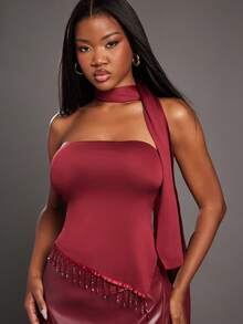 NYA SZN 无袖不对称下摆流苏串珠修身围巾式上衣，红色，节日假日圣诞节新年除夕复活节温暖天气约会性感场合活动派对酷女孩奢华女装 - 紅色 - 查看 1