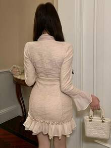 DAZY 春夏网纱荷叶边拼接休闲办公装格纹鸡尾酒会婚礼宾客连衣裙，优雅修身喇叭下摆中长连衣裙，女士吊带裙 - 米色 - 查看 8