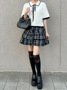 FRIFUL 女士撞色滚边前系结短袖轻薄开衫 - 米色 - 查看 2