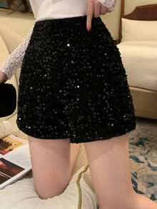 DAZY Women's Elegant Sequin Decorated Shorts, Spring/Summer - Black - View 6