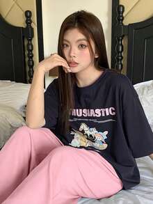 Dazy Plus Plus Size Women Casual Cartoon Print Loose Fit Short Sleeve Top And Solid Color Straight Leg Pants Pajama Set - Pink - View 6