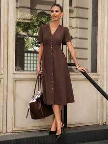 Editum 女士优雅亚麻棉V领休闲连衣裙，适合工作、通勤及多种场合 - 咖啡棕 - 查看 7