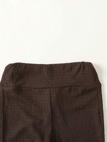 SHEIN 少女棕色提花斜肩T恤和喇叭裤休闲套装 - 棕色 - 查看 6