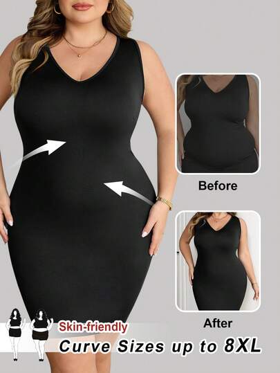 SHEIN CURVE+ Plus Size Summer Solid Color Elastic Shaping Spaghetti Strap Bodycon Dress