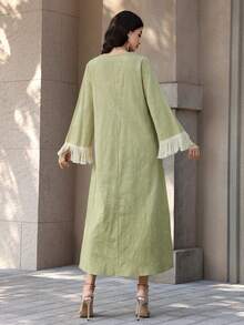 Al Najma New  Cotton Jacquard Patchwork Tassel Trim Arabic Turkish Style Long Robe - Green - View 2
