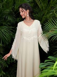 Al Najma 浪漫优雅玉米黄V领蕾丝不对称长袖喇叭裙摆连衣裙 - 黃色 - 查看 3