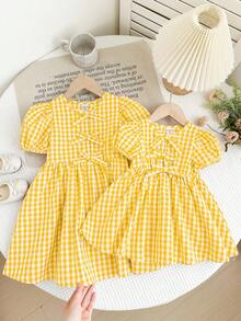 LMoss Kids 女婴格子圆领花瓣袖修身休闲连衣裙 - 黃色 - 查看 12