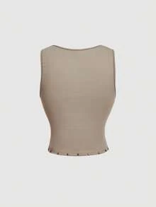 SHEIN MOD 70年代复古女式棕色垂褶领铆钉背心和长裙两件套——复古嬉皮、假日装、波西米亚风、Y2K风、西部风和游牧风 - 卡其色 - 查看 6