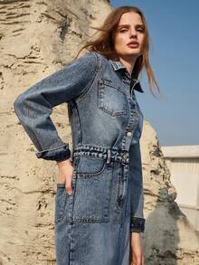 MOTF PREMIUM 衬衫式牛仔修身连衣裙，春夏款 - 中等水洗藍 - 查看 5