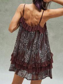 SHEIN BohoFeels 波西米亚风优雅度假休闲纯色串珠撞色蕾丝亮片荷叶边吊带背心 - 摩卡棕 - 查看 7