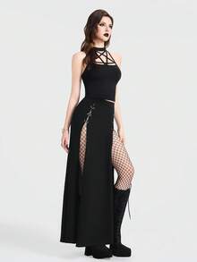 Breakform 女士性感哥特风纯色针织圆领五角星镂空露脐修身背心，适合日常外出穿着 - 黑色 - 查看 4