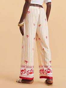 Travachic 女士条纹螃蟹印花休闲百搭阔腿裤，适合日常穿着 - 紅白色 - 查看 2