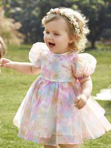 Cute & Elegant Princess Dress, Colorful Organza Bow Short Sleeve Dress, Formal Outfit - Multicolor - View 5