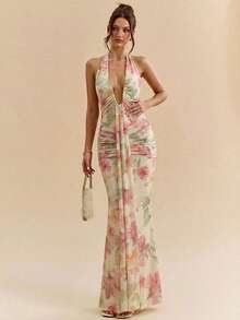 2026 Nuevo Vestido maxi elegante con cuello halter y escote profundo en V, de color amarillo crema, para mujer, para primavera/verano - Amarillo claro 2 - Ver 3