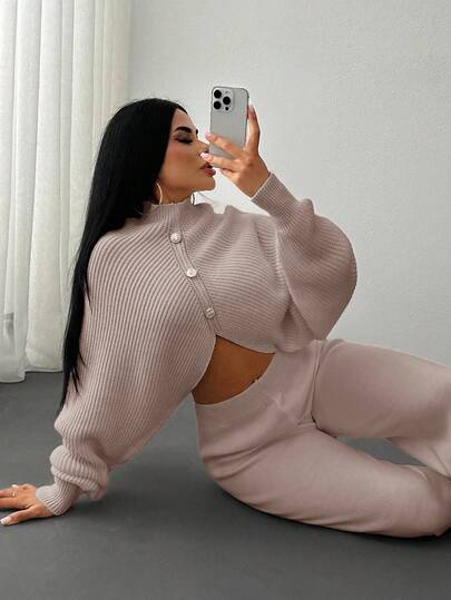 EURMUSE 2 Pieces Ribbed Knit Lounge Set Featuring Asymmetrical Sweater With Decorative Bow Accents And Matching High-Waisted Pants