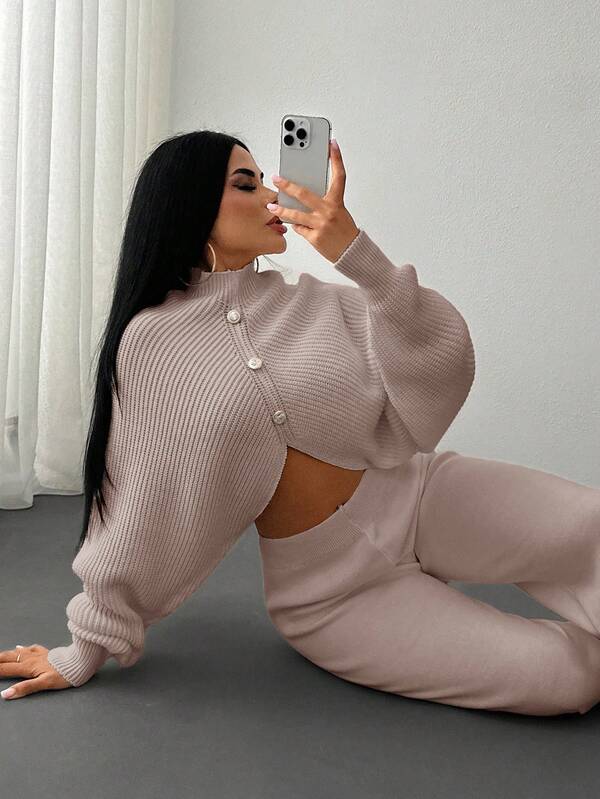 EURMUSE 2 Pieces Ribbed Knit Lounge Set Featuring Asymmetrical Sweater With Decorative Bow Accents And Matching High-Waisted Pants