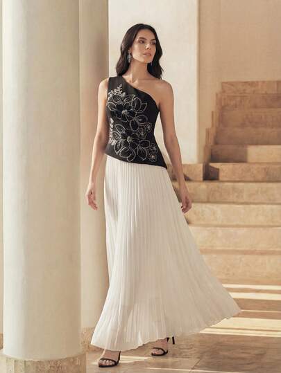 Anewsta Women's Elegant Asymmetric Shoulder Design Handmade 3D Floral Decor, Pleated Hem, Soft & Comfortable, Suitable For Parties, Galas, Formal Occasions, Minimalist High-End Dress