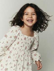 Maija Kids Young Girl Rose Print Puff Sleeve Casual Long Sleeve Dress,Kids - Apricot - View 3