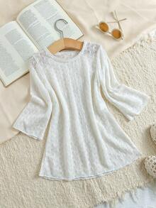 Girls Swimsuit Cover Up, White Hollow-Out Fabric, Long Sleeve, Casual Beach Vacation - White - View 1