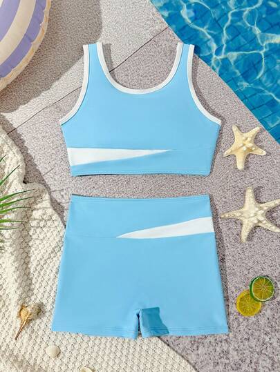 SHEIN Girls' Comfortable Elastic Blue Cutout Back Tank Top And Shorts Swimsuit Set