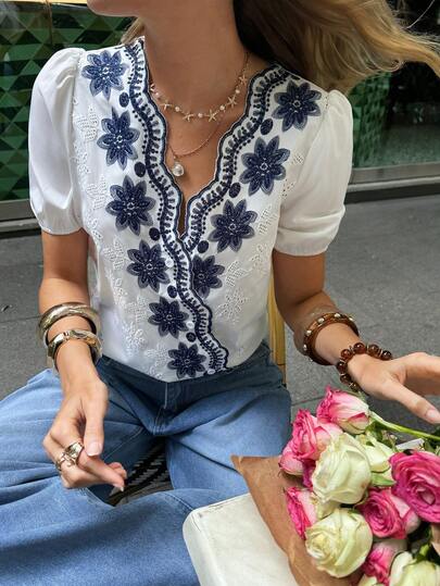 Serisse Women's Summer Vacation Floral Embroidery Shell Trim Shirt,French V-Neck Heavy Industry Embroidered Floral Short Sleeve Top,Elegant 3D Lace Embroidered Overlap Collar Shirt,Blue And White Embroidered Shirt, Contrasting Floral Embroidery Design,Summer Holiday Outfits,Vacation Outfits For Women,Elegant Women's Blouses