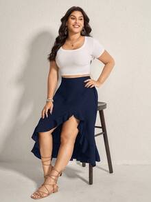 Comfylo Plus Ruffle Trim Asymmetrical Hem Summer Women Skirt - Navy Blue - View 6