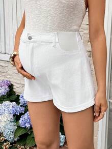 SHEIN Maternity High Waist Rolled Hem Casual Loose Versatile Denim Shorts - White - View 3