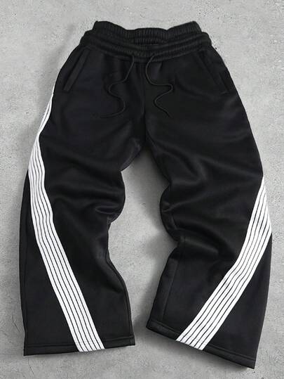STYNVO Men's Young Street Sports Style, INS Matched With High Street Black 2 In 1 Design Sweatpants ,Double Waist 2 In 1,Men's Wide-Leg Side-Striped Sweatpants, For Back-To-School Season Sports Pants Track Pants Men's Wide Leg Side Stripe Gym Pants Men's Track Pants