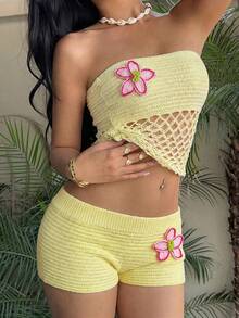 Aloruh 女士新款黄色针织抹胸上衣、钩针兰花网眼露脐上衣和超低腰棕色撞色针织蝴蝶兰花短裤，两件套针织套装，适合度假和海滩穿着。 - 黃色 - 查看 6