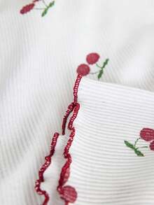 SHEIN Bộ đồ nữ bằng cotton 2 mảnh, dệt kim gân, chi tiết viền bèo tây, màu trắng tương phản, họa tiết tươi tắn, cài cúc phía trước, tay ngắn, đường may tinh tế. - trắng - Xem 7