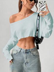 Flirla Áo croptop tay dài dáng rộng, gợi cảm, vai lệch, thoải mái - Màu xanh bạc hà - Xem 7