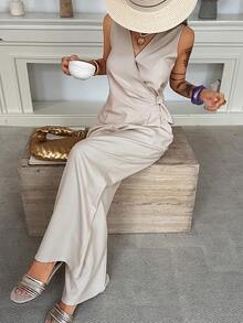 Livesso 纯色裹身侧结上衣和阔腿裤 - 米色 - 查看 5