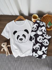 2pcs/Set Teenage Boys' Casual Cartoon Print Loose Fit Long Pants And Short Sleeve Loungewear Set - White - View 1