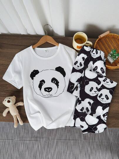 2pcs/Set Teenage Boys' Casual Cartoon Print Loose Fit Long Pants And Short Sleeve Loungewear Set