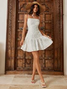 Enchnt 女士简约纯色刺绣荷叶边吊带连衣裙 - 白色 - 查看 2