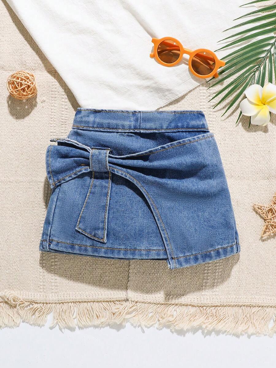 SHEIN Vintaside Kids Baby Girl Boho Style High Waist Ruffle Front Bow Decor Shorts, Summer Casual - Dark Wash - View 1