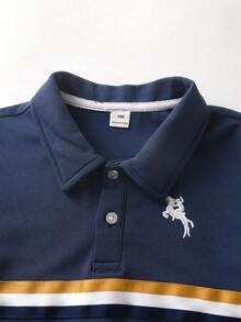 SHEIN Setelan Kemeja Polo Lengan Pendek dan Celana Panjang Motif Garis-garis dan Bordir Kasual untuk Anak Laki-Laki, Cocok untuk Musim Semi, Musim Panas, dan Musim Gugur. - Navy Blue - View 4