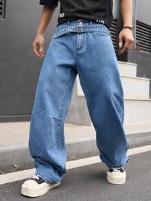 Manfinity Hypemode 男士美式街头时尚可调节腰带设计蓝色水洗宽松阔腿牛仔裤 - 中等水洗藍 - 查看 5