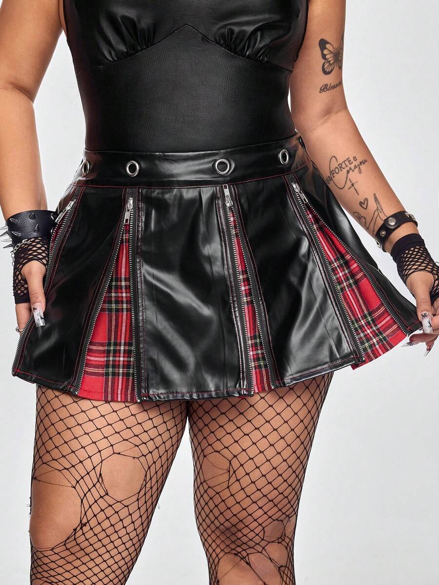 ROMWE Grunge Punk 朋克校园风PU格子拼接金属拉链加大码迷你裙（女款） - 黑色 - 查看 1