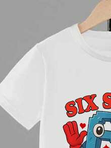 男童休闲舒适时尚百搭创意趣味情人节拟人化“67”数字、“SIX SEVEN”标语、心形和星形图案短袖T恤，春夏外套 - 白色 - 查看 4